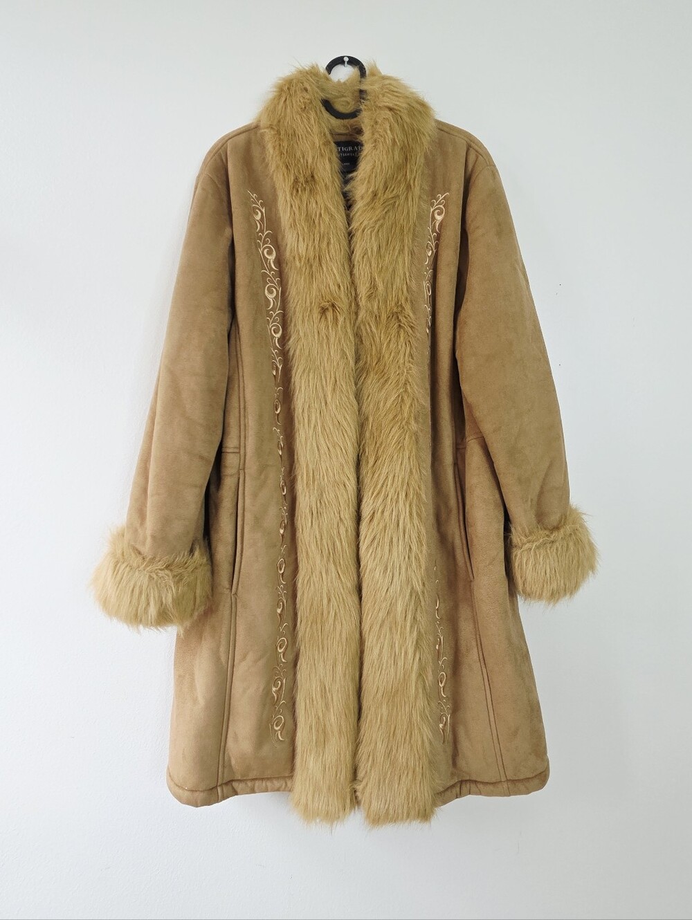 Centigrade vintage tan faux suede Penny Lane coat faux-fur Trim Phoebe Buffay L